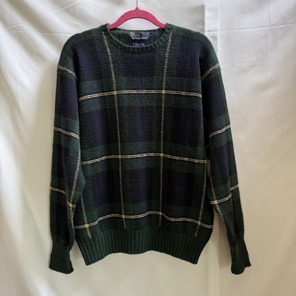 Vintage Polo Ralph Lauren Men's XL Wool Sweater Plaid Crew Neck Blue Green Knit